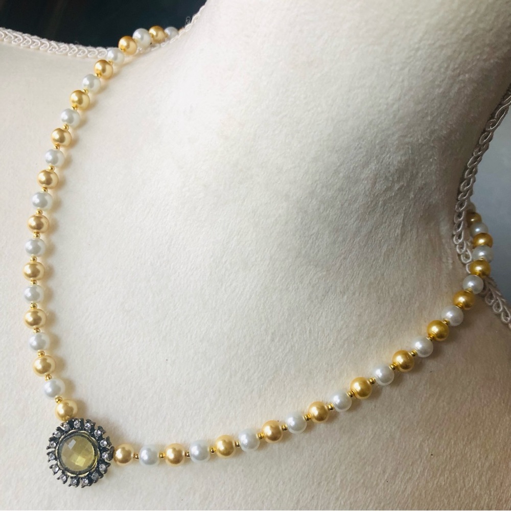 Handcrafted repurpose citrine starburst pendant mixed Czech glass Pearl necklace